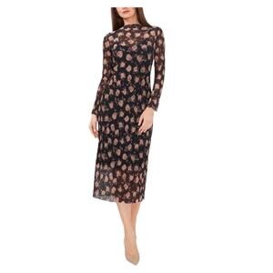 Vince Camuto Mock Neck Floral Black Midi Dress Sleek Curve Hugging NEW Size Med